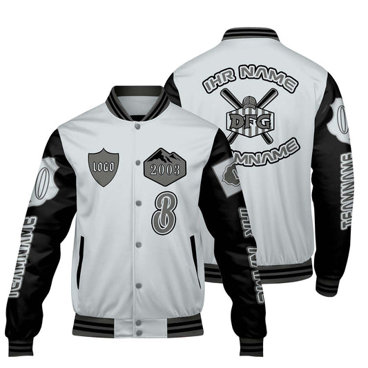 Maßgeschneiderte Grau Schwarz Letterman Varsity Jacket Individuelle Stickerei Druck nach Ihrem Wunsch