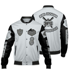 Maßgeschneiderte Grau Schwarz Letterman Varsity Jacket Individuelle Stickerei Druck nach Ihrem Wunsch