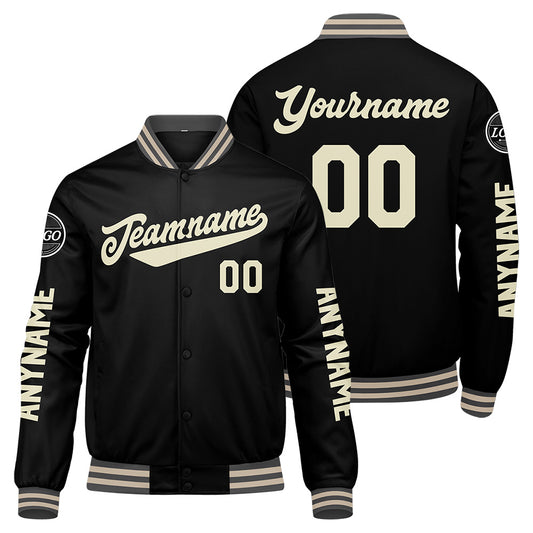 Maßgeschneiderte Grau Schwarz Creme Letterman Varsity Jacket Individuelle Stickerei Druck nach Ihrem Wunsch