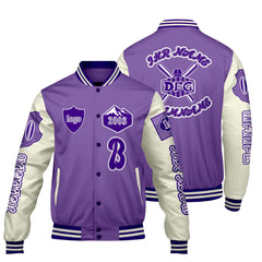 Maßgeschneiderte Lila Weiß Letterman Varsity Jacket Individuelle Stickerei Druck nach Ihrem Wunsch