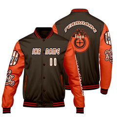 Maßgeschneiderte Braun Orange Letterman Varsity Jacket Individuelle Stickerei Druck nach Ihrem Wunsch