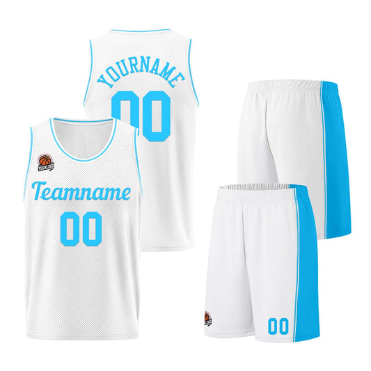Individuelle Weiß-Hellblau Basketball Jersey Shorts für Männer und Frauen Gestickter und gedruckter Name, Nummer und Logo