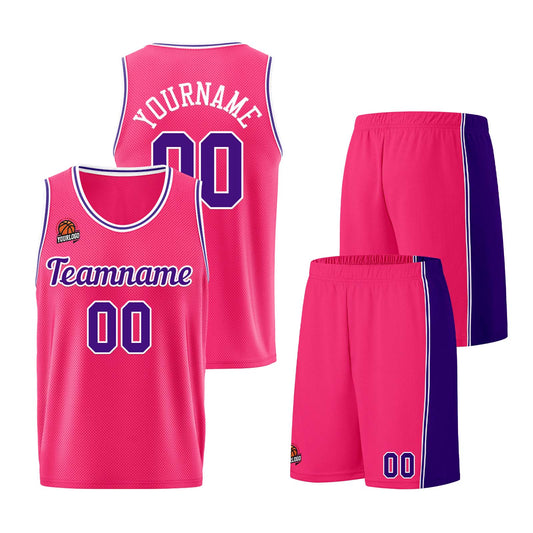 Individuelle Rosa-Lila Basketball Jersey Shorts für Männer und Frauen Gestickter und gedruckter Name, Nummer und Logo
