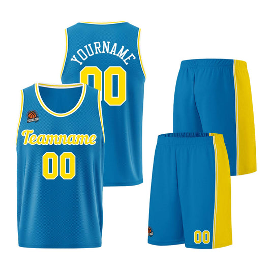 Individuelle Blau-Gelb Basketball Jersey Shorts für Männer und Frauen Gestickter und gedruckter Name, Nummer und Logo