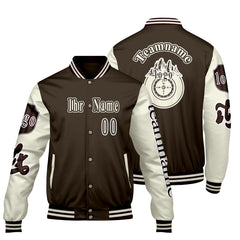 Maßgeschneiderte Braun Weiß Letterman Varsity Jacket Individuelle Stickerei Druck nach Ihrem Wunsch
