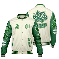 Maßgeschneiderte Weiß Gras Grün Letterman Varsity Jacket Individuelle Stickerei Druck nach Ihrem Wunsch
