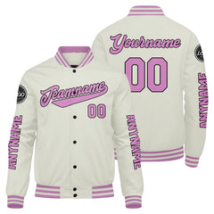 Maßgeschneiderte Creme Rosa Letterman Varsity Jacket Individuelle Stickerei Druck nach Ihrem Wunsch