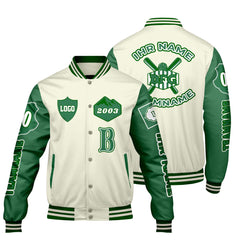 Maßgeschneiderte Weiß Grün Letterman Varsity Jacket Individuelle Stickerei Druck nach Ihrem Wunsch