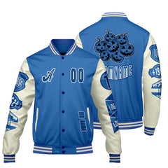 Maßgeschneiderte Blau Weiß Letterman Varsity Jacket Individuelle Stickerei Druck nach Ihrem Wunsch