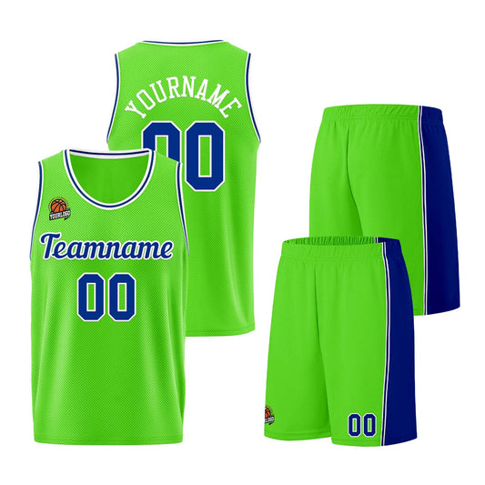 Individuelle Neongrün-Königlich Basketball Jersey Shorts für Männer und Frauen Gestickter und gedruckter Name, Nummer und Logo