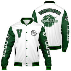 Maßgeschneiderte Weiß Grün Letterman Varsity Jacket Individuelle Stickerei Druck nach Ihrem Wunsch