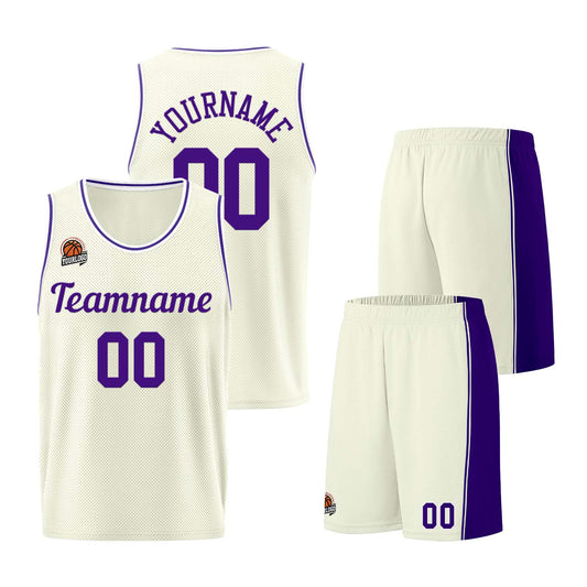 Individuelle Creme-Lila Basketball Jersey Shorts für Männer und Frauen Gestickter und gedruckter Name, Nummer und Logo