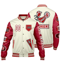 Maßgeschneiderte Weiß Rot Letterman Varsity Jacket Individuelle Stickerei Druck nach Ihrem Wunsch