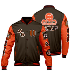Maßgeschneiderte Braun Orange Letterman Varsity Jacket Individuelle Stickerei Druck nach Ihrem Wunsch