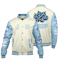 Maßgeschneiderte Weiß Löwenblau Letterman Varsity Jacket Individuelle Stickerei Druck nach Ihrem Wunsch