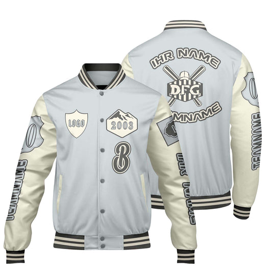 Maßgeschneiderte Grau Weiß Letterman Varsity Jacket Individuelle Stickerei Druck nach Ihrem Wunsch