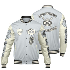 Maßgeschneiderte Grau Weiß Letterman Varsity Jacket Individuelle Stickerei Druck nach Ihrem Wunsch