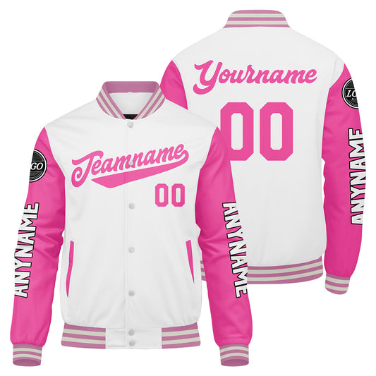 Maßgeschneiderte Weiß Rosa Letterman Varsity Jacket Individuelle Stickerei Druck nach Ihrem Wunsch