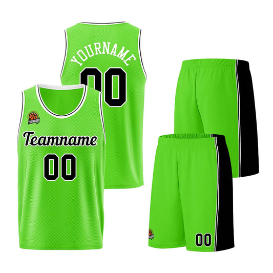 Individuelle Neongrün-Schwarz Basketball Jersey Shorts für Männer und Frauen Gestickter und gedruckter Name, Nummer und Logo