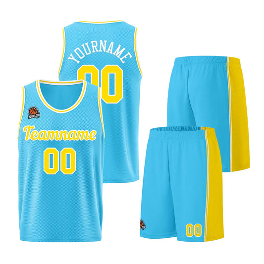 Individuelle Hellblau Gelb Basketball Jersey Shorts für Männer und Frauen Gestickter und gedruckter Name, Nummer und Logo