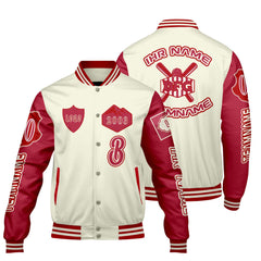 Maßgeschneiderte Weiß Rot Letterman Varsity Jacket Individuelle Stickerei Druck nach Ihrem Wunsch