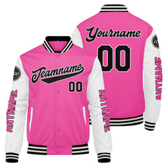 Maßgeschneiderte Rosa Weiß Letterman Varsity Jacket Individuelle Stickerei Druck nach Ihrem Wunsch