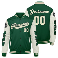 Maßgeschneiderte Grüne Creme Letterman Varsity Jacket Individuelle Stickerei Druck nach Ihrem Wunsch