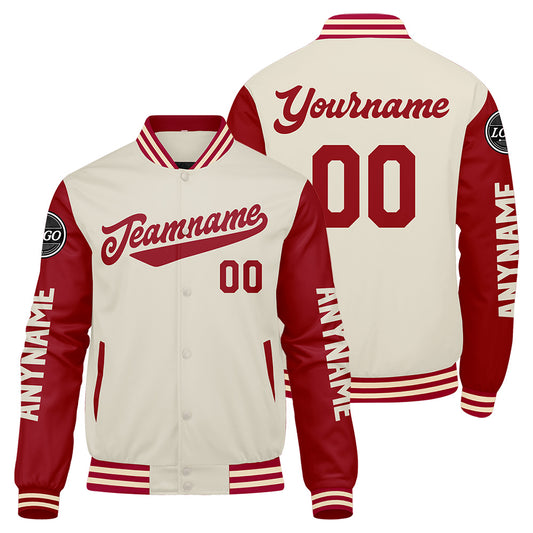 Maßgeschneiderte Rot Creme Letterman Varsity Jacket Individuelle Stickerei Druck nach Ihrem Wunsch