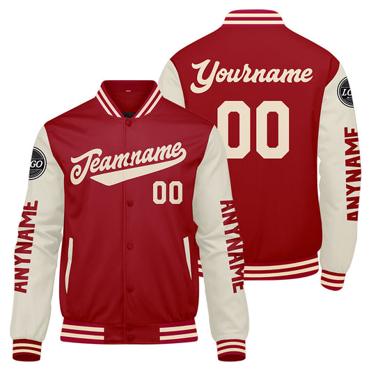 Maßgeschneiderte Rot Creme Letterman Varsity Jacket Individuelle Stickerei Druck nach Ihrem Wunsch