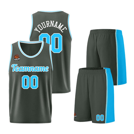 Individuelle Dunkelgrau-Hellblau Basketball Jersey Shorts für Männer und Frauen Gestickter und gedruckter Name, Nummer und Logo