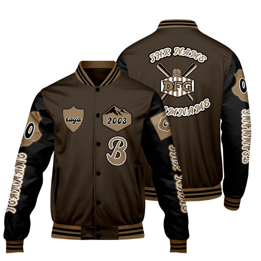 Maßgeschneiderte Braun Schwarz Letterman Varsity Jacket Individuelle Stickerei Druck nach Ihrem Wunsch