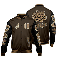 Maßgeschneiderte Braun Schwarz Letterman Varsity Jacket Individuelle Stickerei Druck nach Ihrem Wunsch