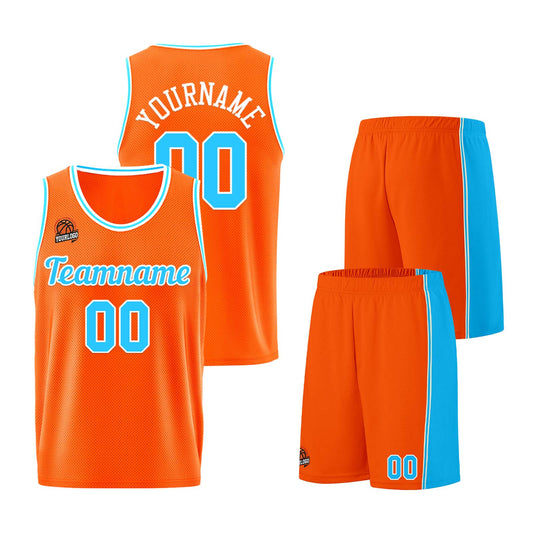 Individuelle Orange-Hellblau Basketball Jersey Shorts für Männer und Frauen Gestickter und gedruckter Name, Nummer und Logo