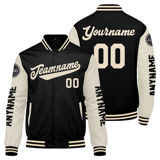 Maßgeschneiderte Schwarz Creme Letterman Varsity Jacket Individuelle Stickerei Druck nach Ihrem Wunsch