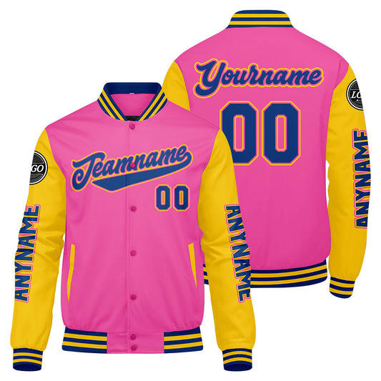 Maßgeschneiderte Rosa Gelb Königlich Letterman Varsity Jacket Individuelle Stickerei Druck nach Ihrem Wunsch