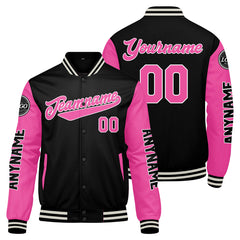 Maßgeschneiderte Schwarz Rosa Letterman Varsity Jacket Individuelle Stickerei Druck nach Ihrem Wunsch