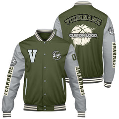 Maßgeschneiderte Olivengrün Grau Letterman Varsity Jacket Individuelle Stickerei Druck nach Ihrem Wunsch