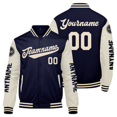 Maßgeschneiderte Marine Creme Letterman Varsity Jacket Individuelle Stickerei Druck nach Ihrem Wunsch