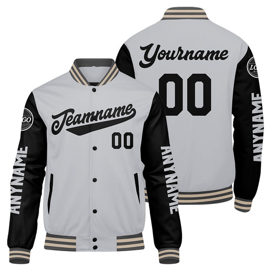 Maßgeschneiderte Grau Schwarz Creme Letterman Varsity Jacket Individuelle Stickerei Druck nach Ihrem Wunsch