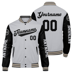 Maßgeschneiderte Grau Schwarz Creme Letterman Varsity Jacket Individuelle Stickerei Druck nach Ihrem Wunsch