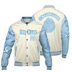 Maßgeschneiderte Weiß Blau Letterman Varsity Jacket Individuelle Stickerei Druck nach Ihrem Wunsch