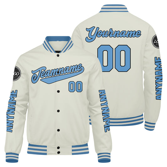 Maßgeschneiderte Creme Hellblau Letterman Varsity Jacket Individuelle Stickerei Druck nach Ihrem Wunsch