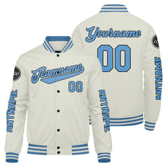 Maßgeschneiderte Creme Hellblau Letterman Varsity Jacket Individuelle Stickerei Druck nach Ihrem Wunsch