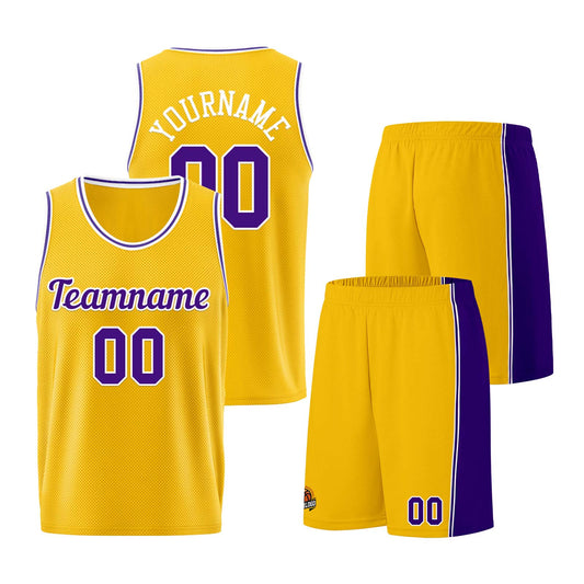Individuelle Gelb Lila Basketball Jersey Shorts für Männer und Frauen Gestickter und gedruckter Name, Nummer und Logo