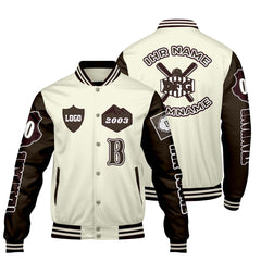 Maßgeschneiderte Weiß Braun Letterman Varsity Jacket Individuelle Stickerei Druck nach Ihrem Wunsch