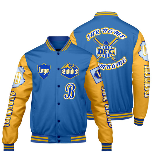 Maßgeschneiderte Blau Gelb Letterman Varsity Jacket Individuelle Stickerei Druck nach Ihrem Wunsch