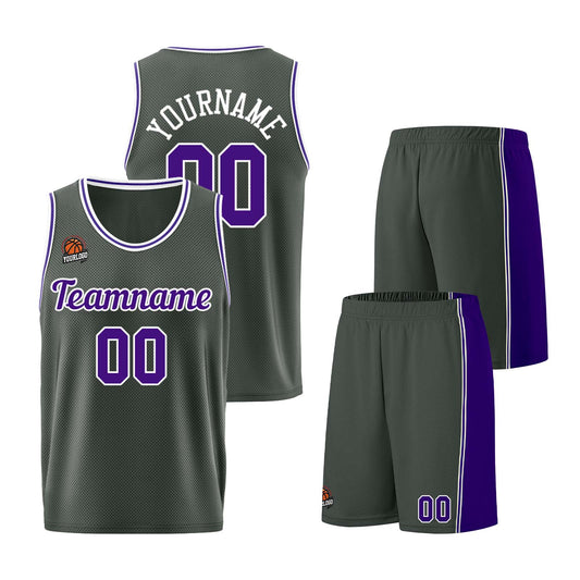 Individuelle Dunkelgrau-Lila Basketball Jersey Shorts für Männer und Frauen Gestickter und gedruckter Name, Nummer und Logo