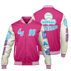 Maßgeschneiderte Rosa Blau Letterman Varsity Jacket Individuelle Stickerei Druck nach Ihrem Wunsch