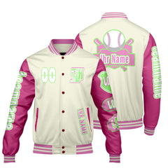 Maßgeschneiderte Weiß Rosa Letterman Varsity Jacket Individuelle Stickerei  Druck nach Ihrem Wunsch