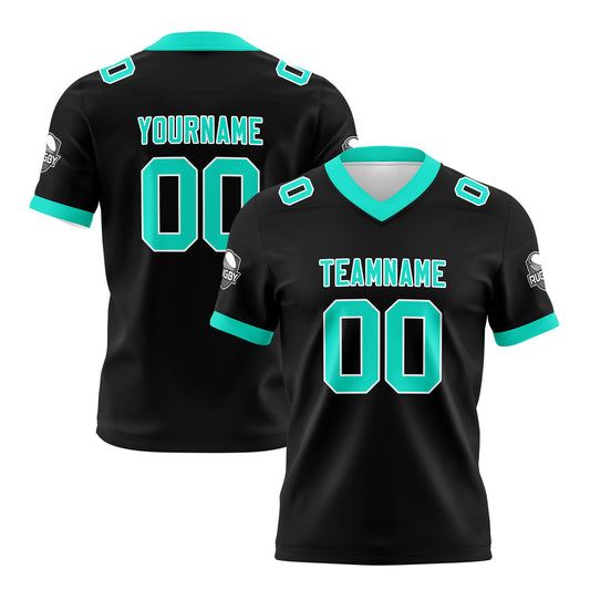 Benutzerdefinierte Schwarz Cyan Fußball Trikots Personalisierter Name Nummer Logo